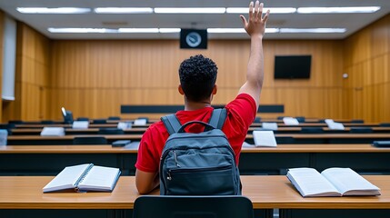 A student raises their hand in the classroom, backpack and open textbook ready for learning.
