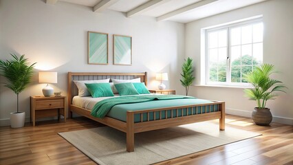 Tilted angle bright airy bedroom with minimalistic wooden bed white bedding teal pillows cozy inviting