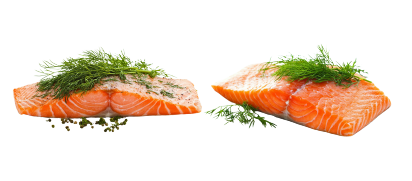 Set of two salmon pieces with basil Isolated on a white background