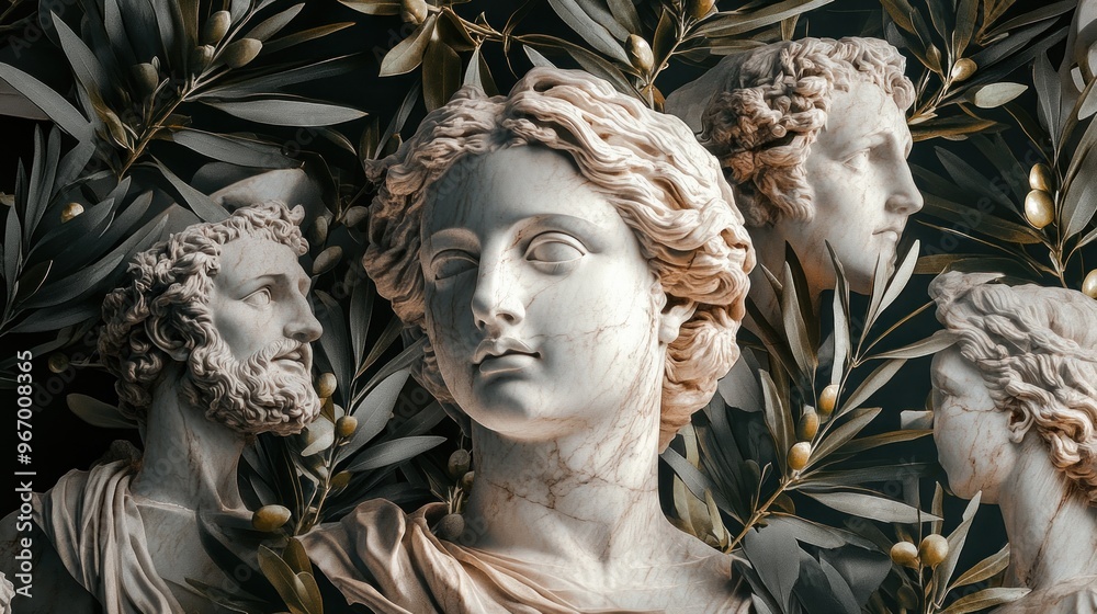 Wall mural Classical sculptures surrounded by olive branches and foliage.