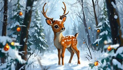 Charming Christmas deer amidst a snowy forest filled with trees and presents, embodying the spirit of holiday cheer and winter wonderland magic