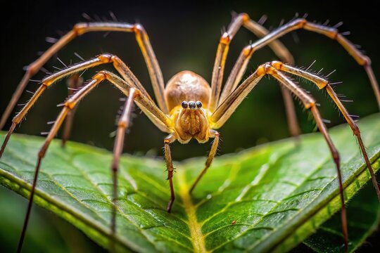 Tilted angle closeup of a long-jawed orbweaver spider
