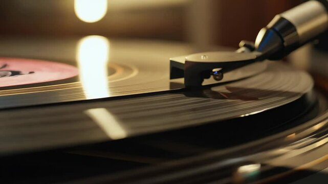 Record Player Vinyl Playing Gramophone close-up. Playing retro music on a black record