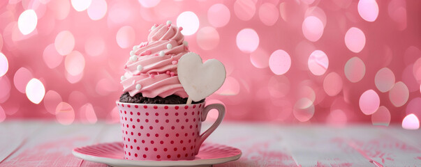 '''Happy Friendship Day''' message text written on white heart tag sign on pink polka dot cup with pink cupcake for International Friendship Day celebrated