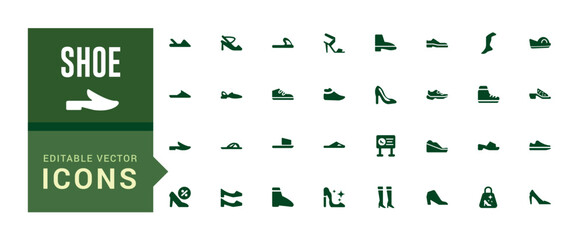 Shoe icons set in solid style. Men and women shoes set collection vector illustration. Filled icon set, solid icon set. Glyph icon set for web and ui. Vector illustration.