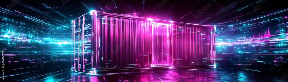Poster futuristic container with vibrant neon lights and dynamic lines, creating an abstract technology the