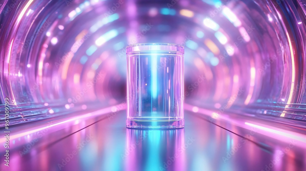 Poster futuristic tunnel with vibrant lights and a glass container, creating a surreal atmosphere of techno