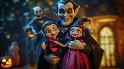 Fototapeta premium A whimsical Halloween scene featuring a vampire with two playful, spooky children.