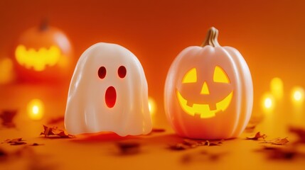 A festive Halloween scene featuring a ghost and a carved pumpkin against an orange background.