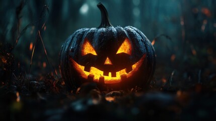 A glowing jack-o'-lantern in a misty forest, symbolizing Halloween festivities.