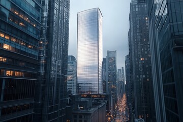 Cityscape dominated by an impressive tower within architectural designs.