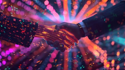 Two business professionals shaking hands with a vibrant digital overlay of financial data, symbolizing a merger or agreement in the tech industry