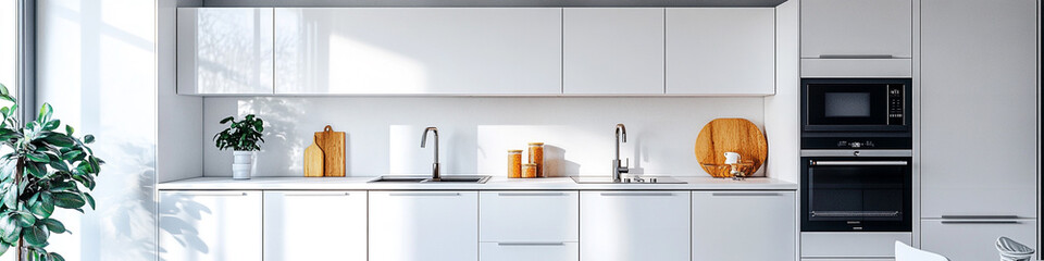Obraz premium Clean white kitchen, modern appliances, smooth cabinetry, bright accents.