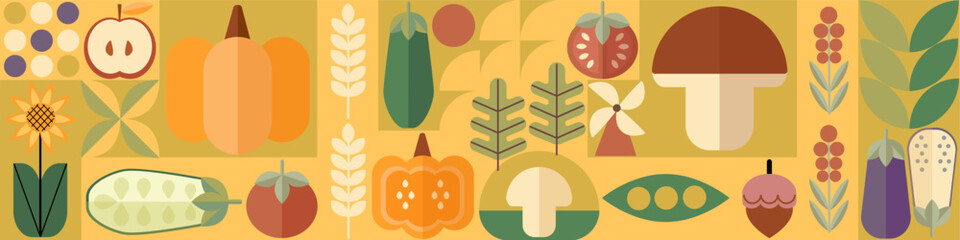 Bauhaus vegetable abstract geometric pattern. Mosaic scandinavian background. Agriculture and farming background, geometric vector print. Autumn vegetable harvest retro background.