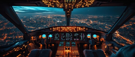 Aerial view from an aircraft cockpit showcasing sprawling metropolis illuminated at night, with vibrant city lights and dramatic sky. cockpits controls and display