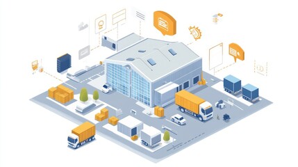 Obraz premium Isometric Illustration of a Warehouse with Trucks and Cars