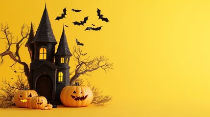 A spooky Halloween scene featuring a haunted house, carved pumpkins, and flying bats.