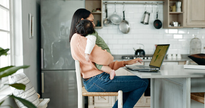 Woman, laptop and baby with remote work from home, multitasking and care with sleeping in kitchen. Mother, infant child and computer for freelance finance job with graphs, stats and review in house - Powered by Adobe