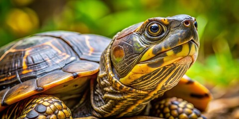 Obraz premium A tiny king, the Reeves' turtle reigns over a tapestry of natural hues, its shell vibrant against the