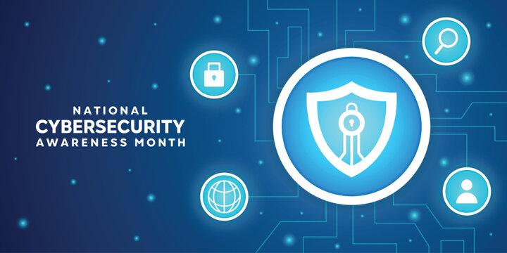 National Cyber Security Awareness Month. Shield, people, earth, search and padlock. Great for cards, banners, posters, social media and more. Blue background.