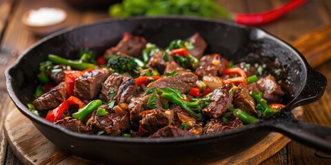 Fototapeta premium Beef stir fry presented in a cast iron skillet