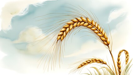 Detailed watercolor of a golden wheat stalk swaying in the wind, set against a soft pale blue sky. The delicate textures create a natural, calming effect.