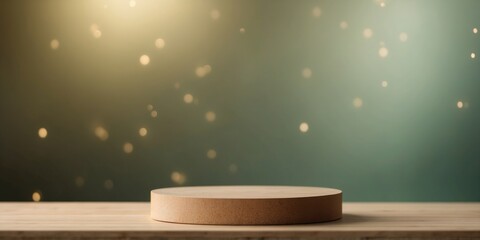 Minimalist Wooden Podium on Soft Beige Background with Green Glow and Natural Lighting.