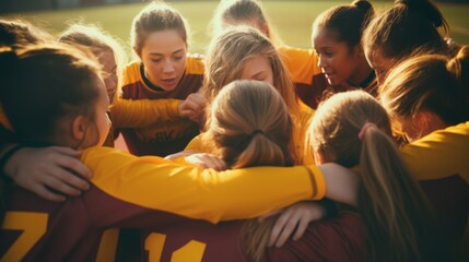 Diverse women's soccer team huddled in unity before the game, leaning in towards the captain in the center, arms wrapped around each other's shoulders. Teamwork concept.