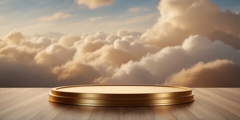 luxury golden podium product showcase stage background platform with clouds around it.