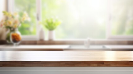 Empty and clean wooden tabletop surface in focus, blurred kitchen windows in the background.