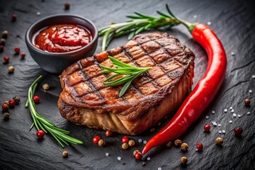 Toasted meat steak with red chili sauce on black background