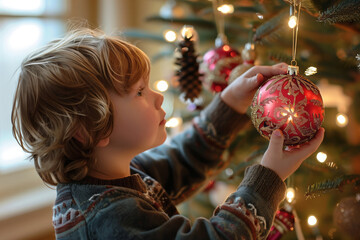 A kid boy hangs a Christmas ball on a Christmas tree. AI generat
