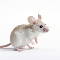 A cute white mouse stands on its hind legs, with large round ears, tiny pink paws, and a long tail, against a white background.