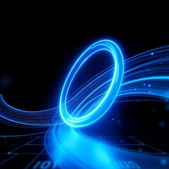 Background is a glowing blue ring on black background, representing the aesthetics of modern technology in creative 3D design.