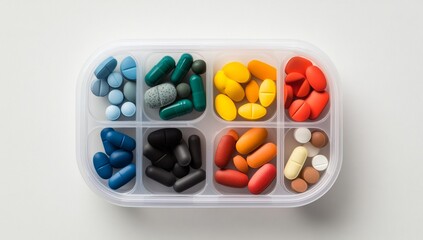 A plastic box filled with various pills and capsules of different colors