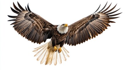 Obraz premium A Bald Eagle with Wings Spread in Flight Against a White Background