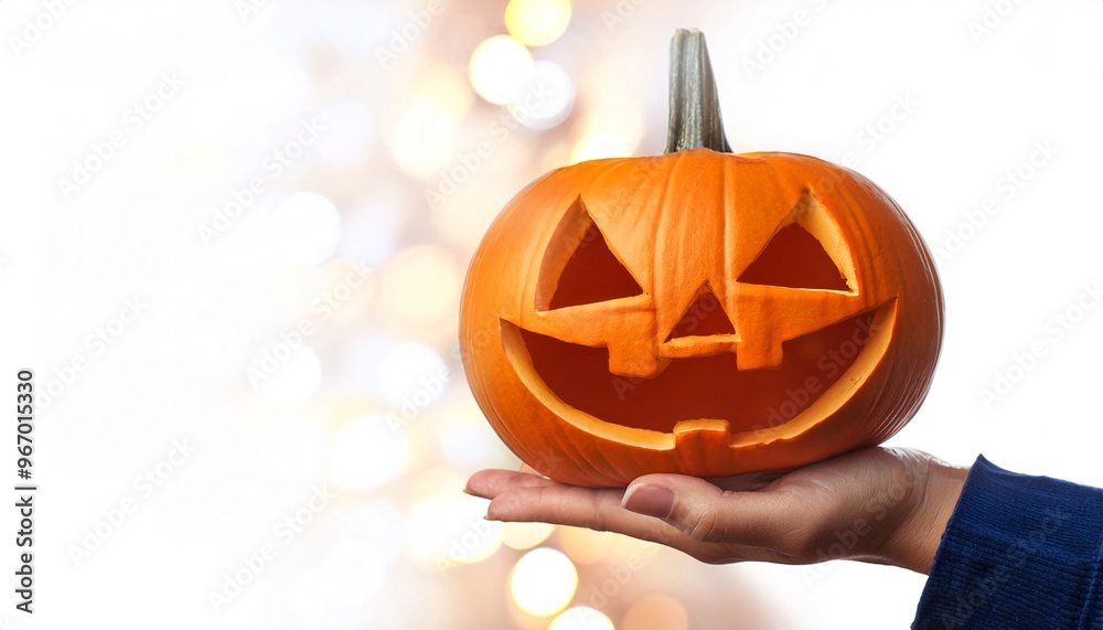 Sticker Jack o'lantern in a hand, copy space on a side