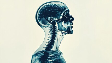 A Blue-Tinted X-Ray of a Human Skull, Brain, and Spinal Column