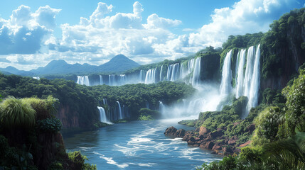 Fototapeta premium Stunning view of the Iguazu Falls in Brazil, surrounded by lush green vegetation and mountains in the background under a blue sky with fluffy clouds