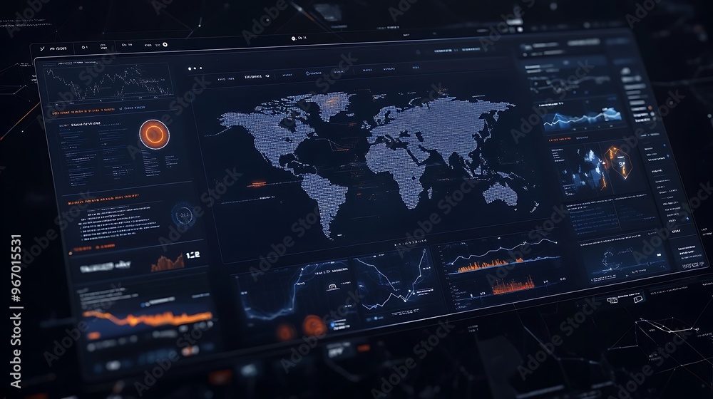 Poster Futuristic Interface with World Map and Data Visualizations