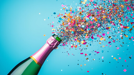 Confetti burst from a champagne bottle on a blue background