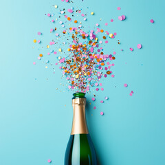 Champagne celebration with confetti shower on light blue backdrop
