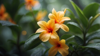 Obraz premium tropical floral background with lush green leaves.