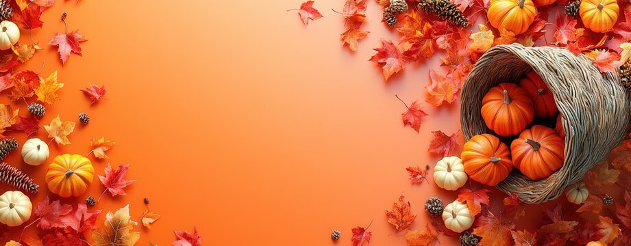Thanksgiving decor featuring a cornucopia filled with pumpkins and colorful fall leaves, isolated background, top-view, 3D Blender style, with space for text