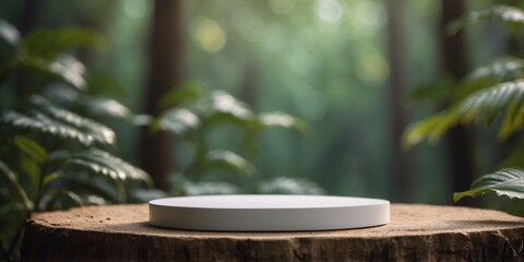 White pedestal in tropical forest for product presentation.