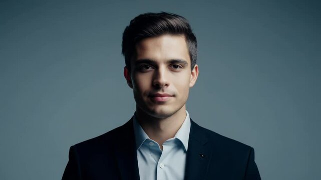 A close-up of a young man in a suit expressing confidence. Neutral grey background, studio key light.