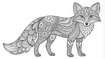 Fototapeta premium A whimsical fox with intricate lines and swirling patterns, featuring a bushy tail and delicate legs, awaiting colorful