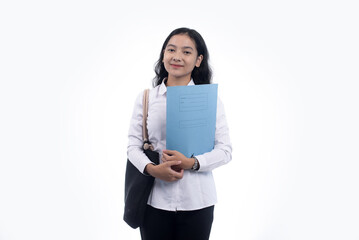Fototapeta premium A young asian woman holding a folder an papers to apply for a job with a white backround