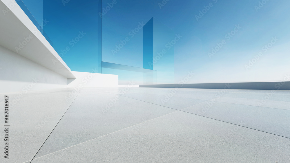 Aufkleber 3d render of abstract modern architecture with empty concrete floor, minimal white exterior, car pre