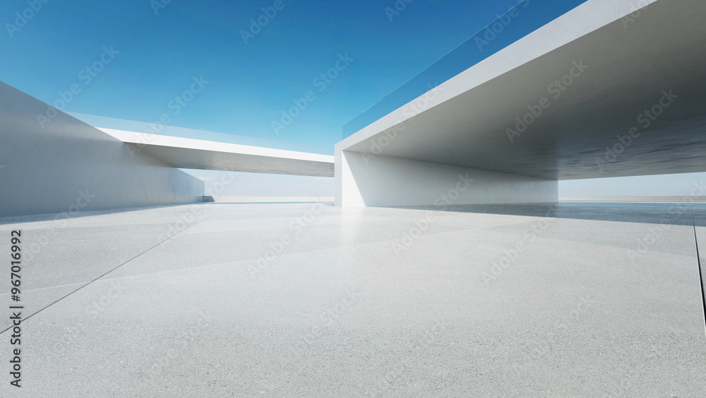 Poster 3d render of abstract modern architecture with empty concrete floor, minimal white exterior, car pre